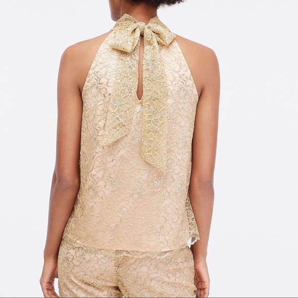J. Crew Tie Neck Top in Metallic Lace | M | Nude - Picture 2 of 7
